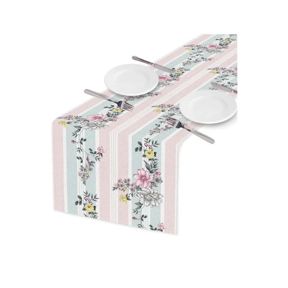 HOSNYE Table Runner Flower and Stripes Pattern,Cotton Linen Table Runner...